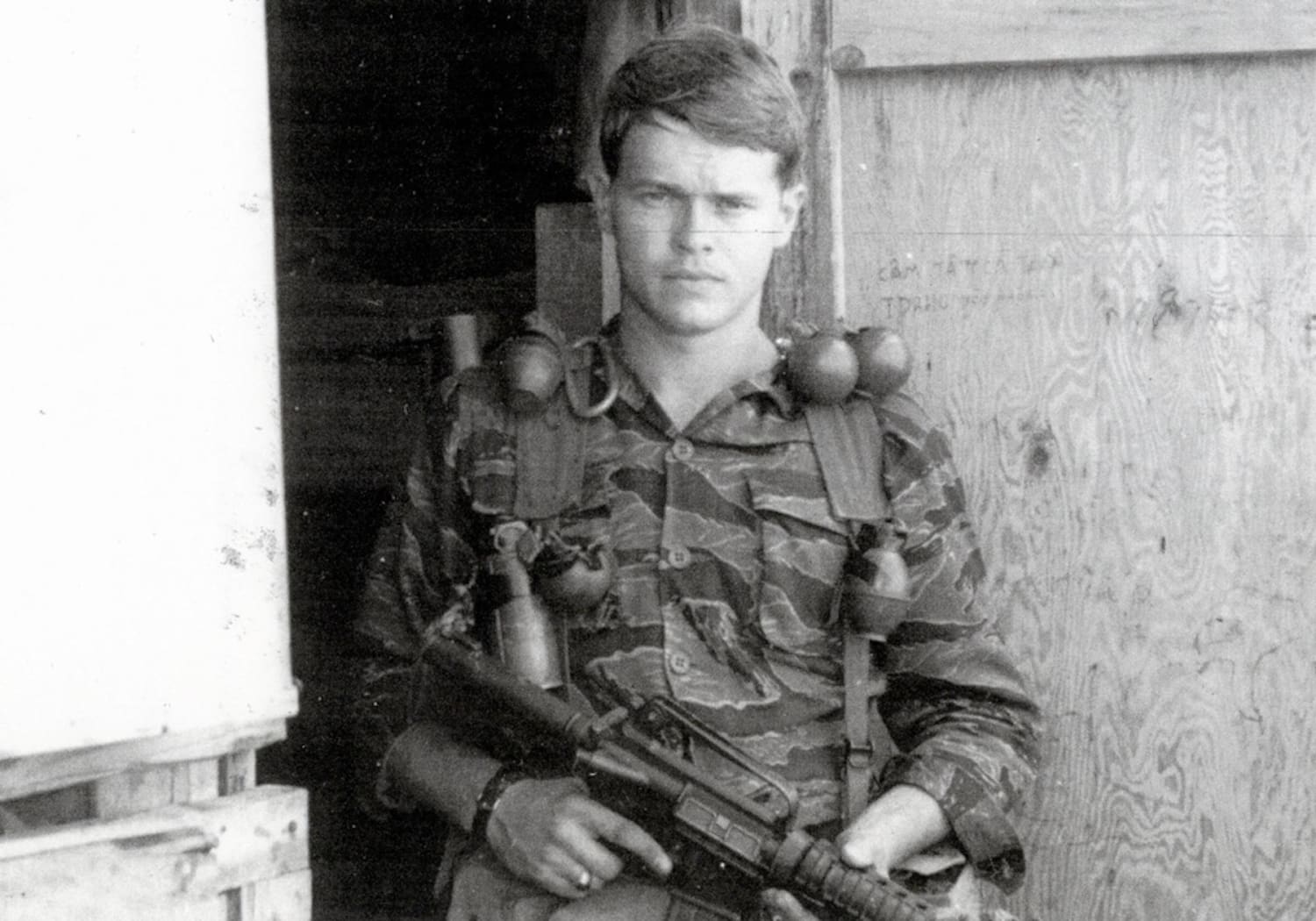 MACV-SOG Team Leader John Stryker Meyer while clutching a CAR-15. SOG conducted Top Secret cross-border operations into Cambodia & Laos to obstruct the Ho-Chi-Minh supply route(s). Vietnam, 1968