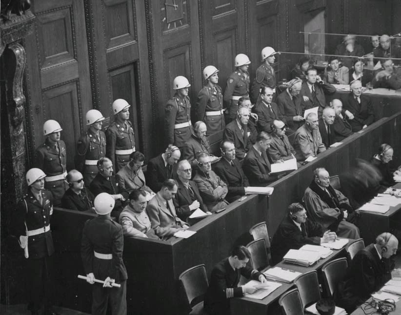 Defendants at the Nuremberg trials. Allied forces prosecuted prominent members of the political, military, judicial and economic leadership of Nazi Germany for crimes against humanity.
