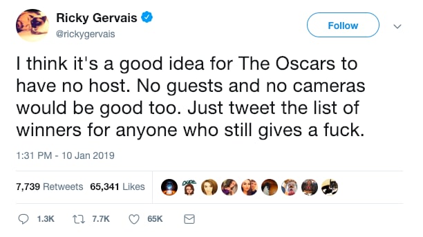 Gervais with a solution for The Oscars