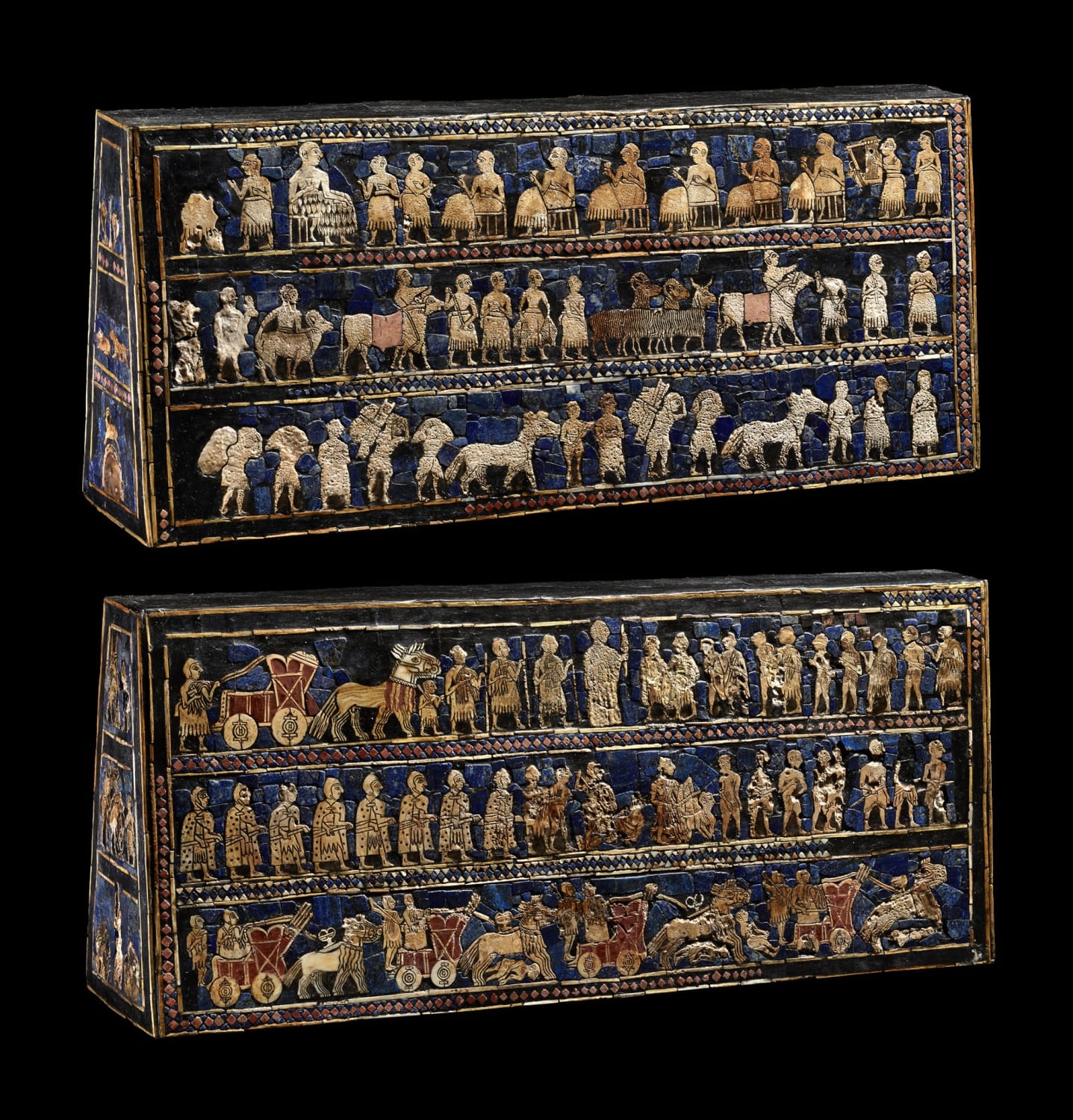 This finely decorated object was made around 2500 BC in ancient Mesopotamia. The inlaid mosaic shows a battle scene on one side, with the victory banquet or ritual celebration on the other
