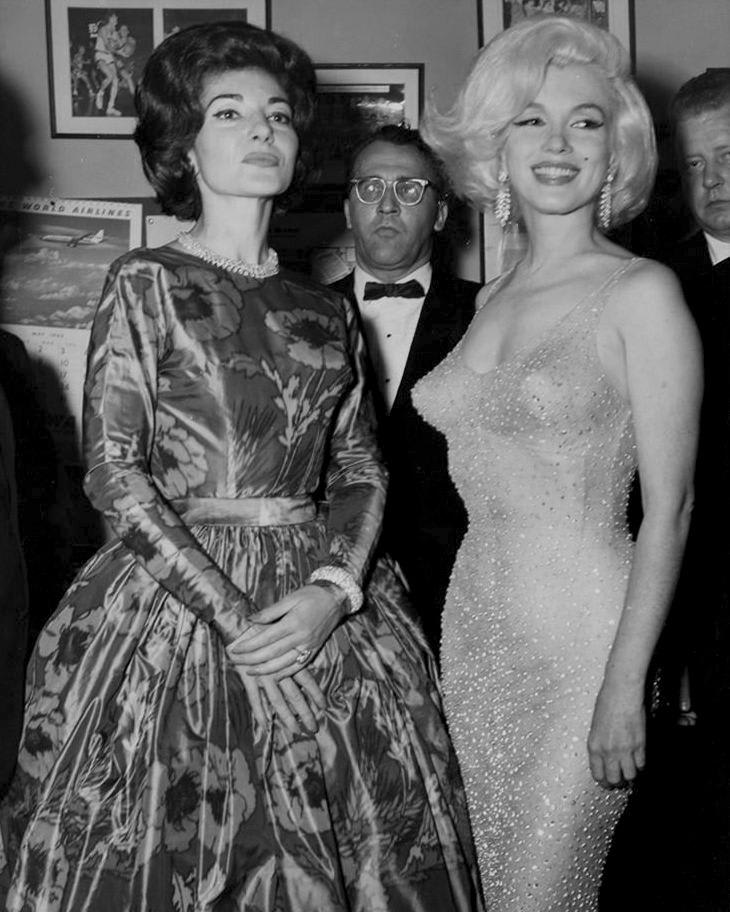 Maria Callas and Marilyn Monroe at JFK's birthday gala, 1962. Marilyn spent $12000 on her now iconic birthday dress, and requested "a truly historical dress, a dazzling dress that's one of a kind. A dress that only Marilyn Monroe could wear.”.