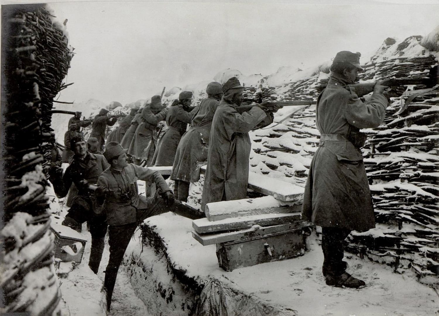 Snowy Austro-Hungarian trench in Carpathian mountains, during winter battles against Russians, 1915