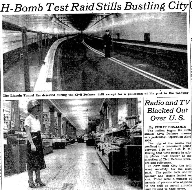 New York City participated in Operation Alert 1959, a simulated a hydrogen bomb attack, 60 years ago today. The drill caused the bustling streets to empty and Times Square to become a "sunlit wasteland".