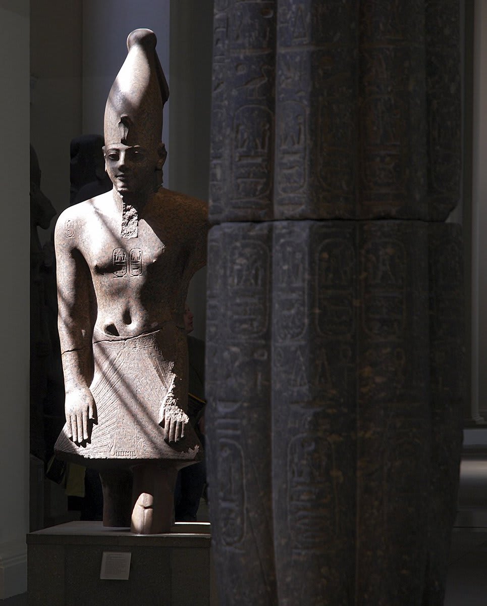 Ancient Egyptian kings would often alter older statues, replacing a previous pharaoh’s name with their own – Ramesses II would even rework their facial features to resemble his. This sculpture depicts Thutmose III, but Ramesses has carved his name on to the belt and shoulders.