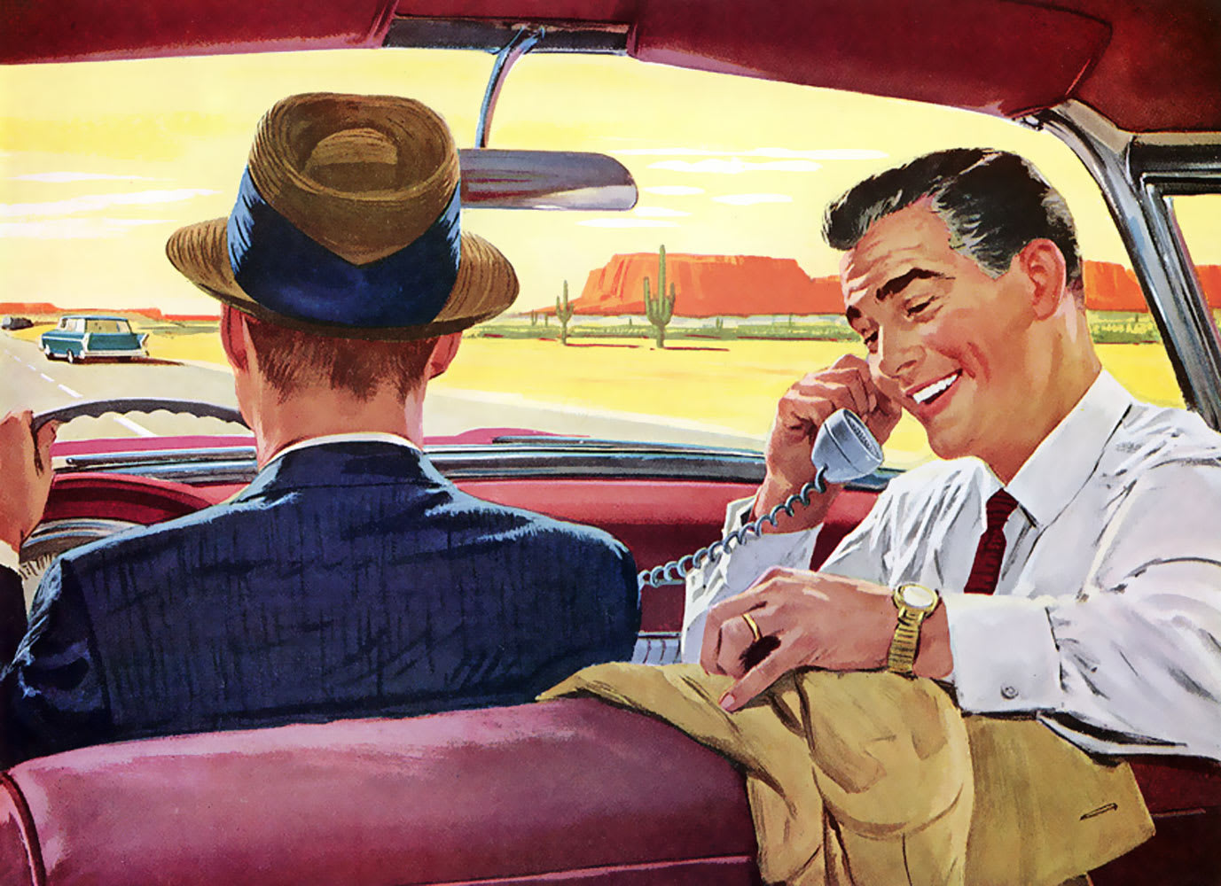 Car phone late 1950s. No shoulder seat belts.