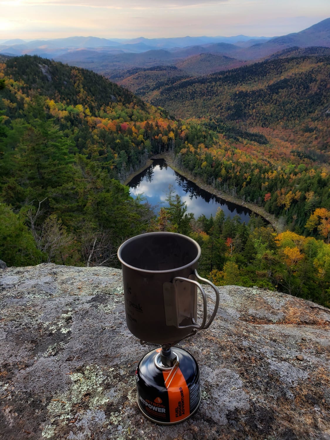 Brew with a view. Coffee break while hiking in the Adirondack Mountains, NY. UL mess kit details in comments.