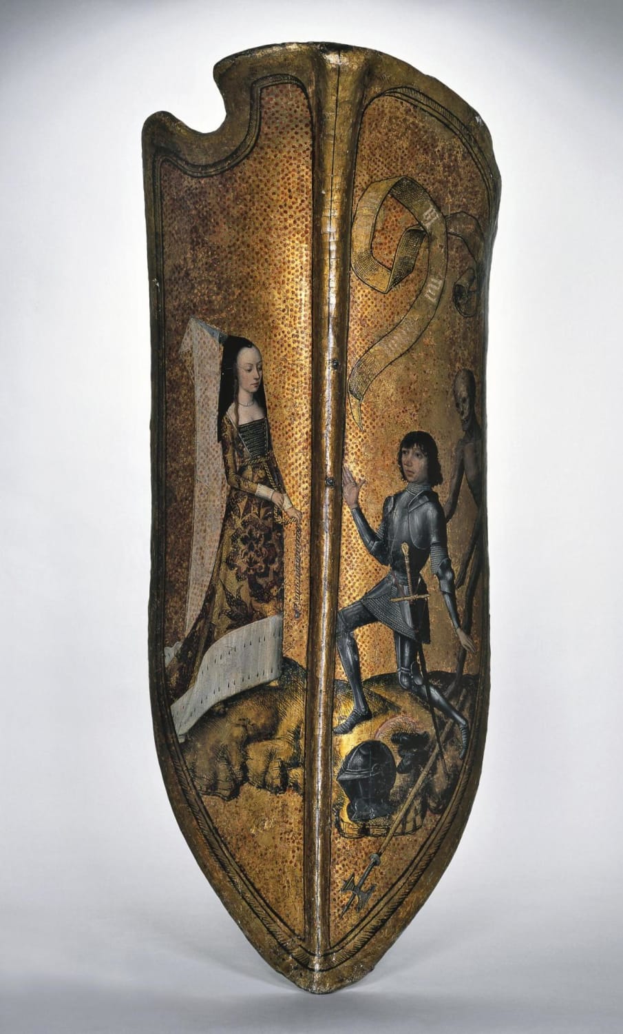 An artfully decorated Pavise from France in the 1400's. This full-body shield would be used by an archer or crossbowman and is displayed at the British Museum.