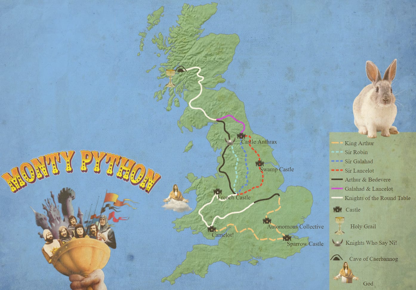 I made a Monty Python and the Holy Grail map to practice with QGIS
