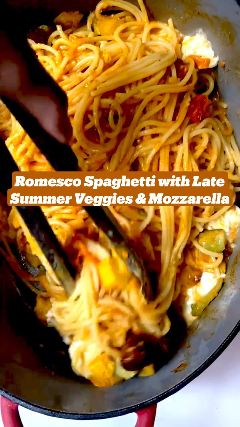 Romesco Spaghetti with Late Summer Veggies & Mozzarella