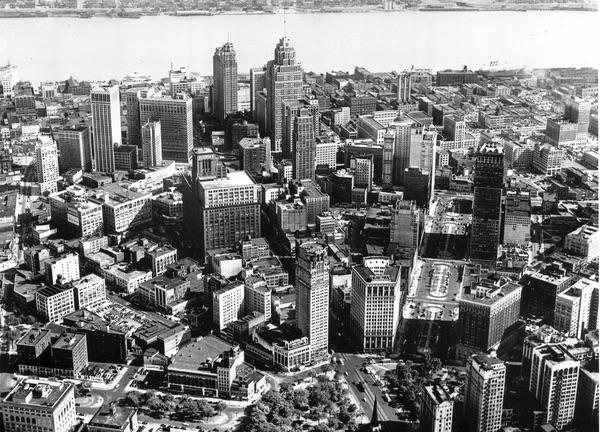 A view of Detroit, Michigan, taken by the Ford Motor Company's advertising blimp on July 15, 1947