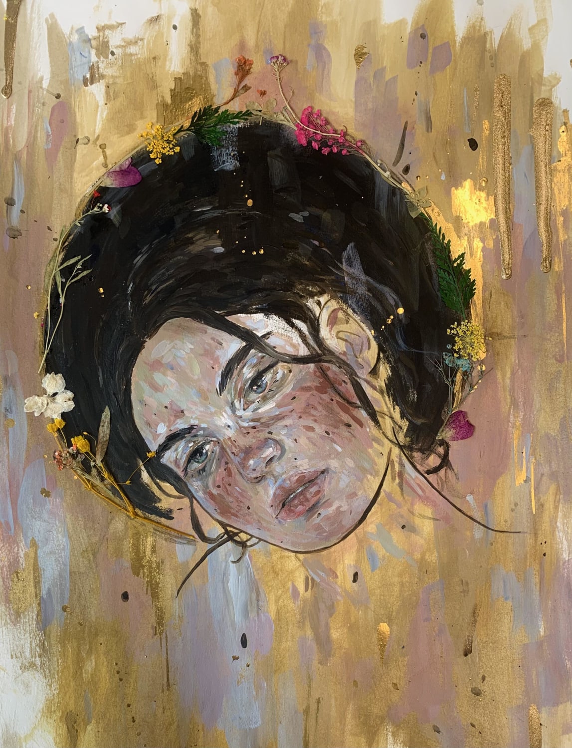 May, Me, Acrylic, Gold Ink and Pressed Wildflowers on Paper, 2021