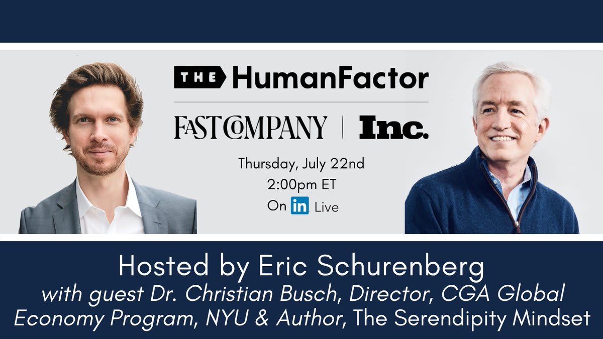 TOMORROW: On the next episode of The Human Factor, host and CEO of Mansueto Ventures @EricSchurenberg will interview @ChrisSerendip, Faculty Director, CGA Global Economy Program @nyuniversity & Author of “The Serendipity Mindset." Sign up to attend: