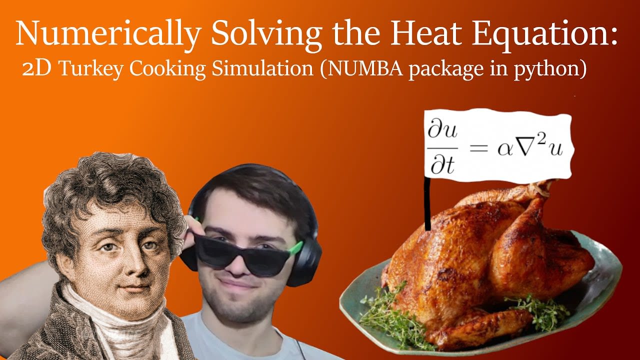 Solving the heat equation in python to cook a turkey (in two dimensions). First, a 2D image representing the cross section of a turkey can be loaded into python. Then, using numerical methods (with NUMBA to assist) the temperature of the turkey at all locations is determined as a function of time