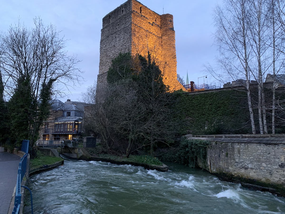 Hard to believe this was only six weeks ago. Oxford Castle looking imposing at twilight as the castle mill stream rumbles below.