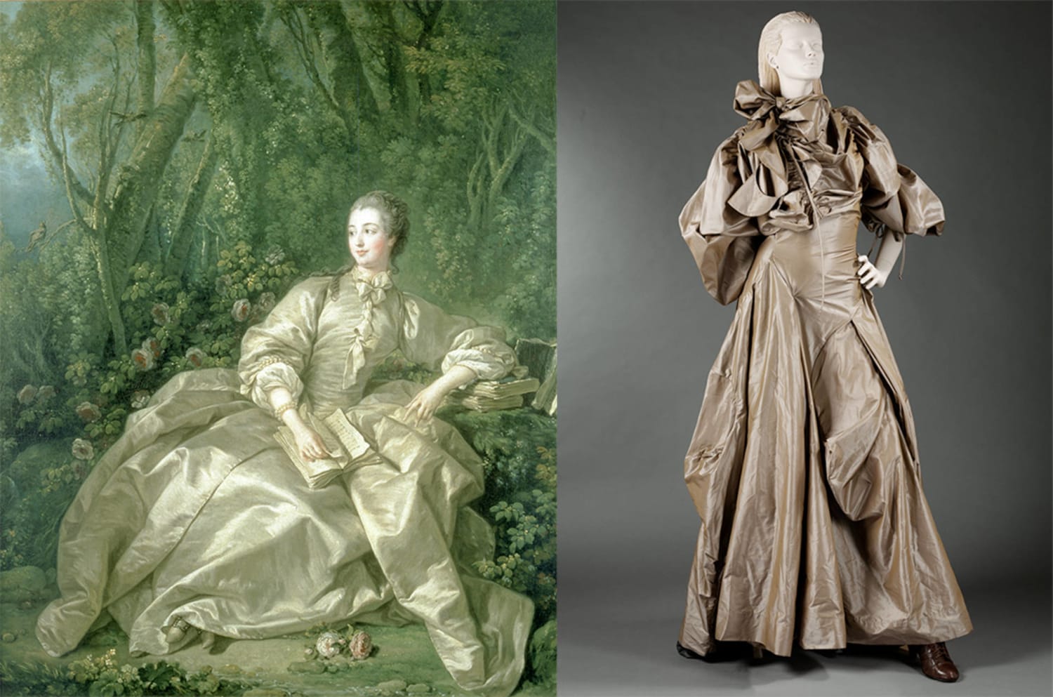 Vivienne Westwood is known for parodying historical looks, like this revamp of Madame de Pompadour's crumpled-silk dress in François Boucher's painting. This asymmetric garment is from her 2003 Anglophilia collection: