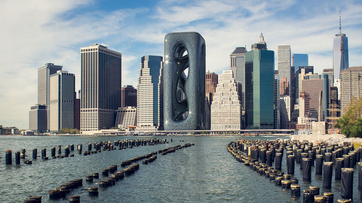 this striking skyscraper envisioned for the manhattan skyline has an amorphous shape that makes it stand out among the neighboring buildings