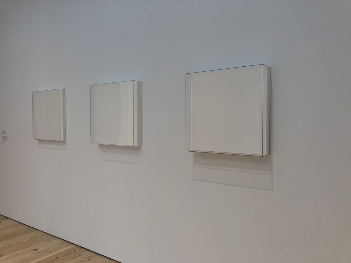 MaryCorse used plexiglass as an integral part of the composition rather than as a framing device—a strategy for providing each painting with a literal three-dimensional field. These works served as the critical transition between her shaped paintings and her first light boxes.