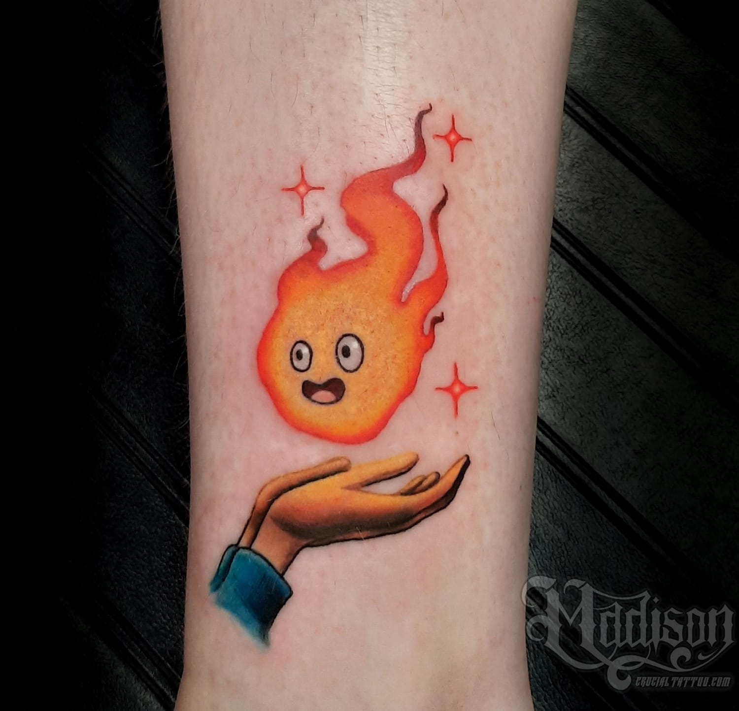Calcifer from Howl's Moving Castle tattoo by Madison Brewington at Crucial Tattoo in Salisbury MD!