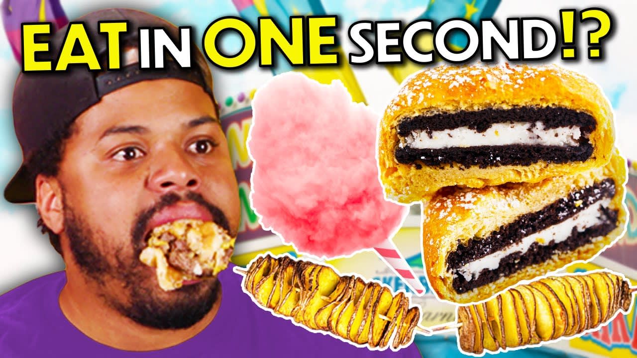 Eat In One Second - Fair Food! (Tornado Potato, Deep Fried Oreos, Dilly Dog) | People Vs. Food