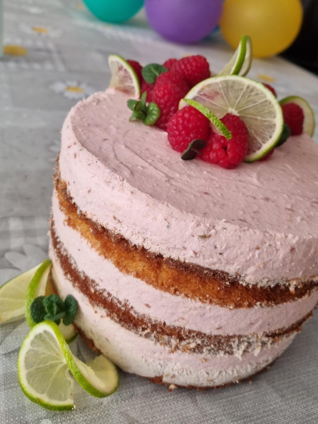 Raspberry-lime peppermint cake waiting to be served