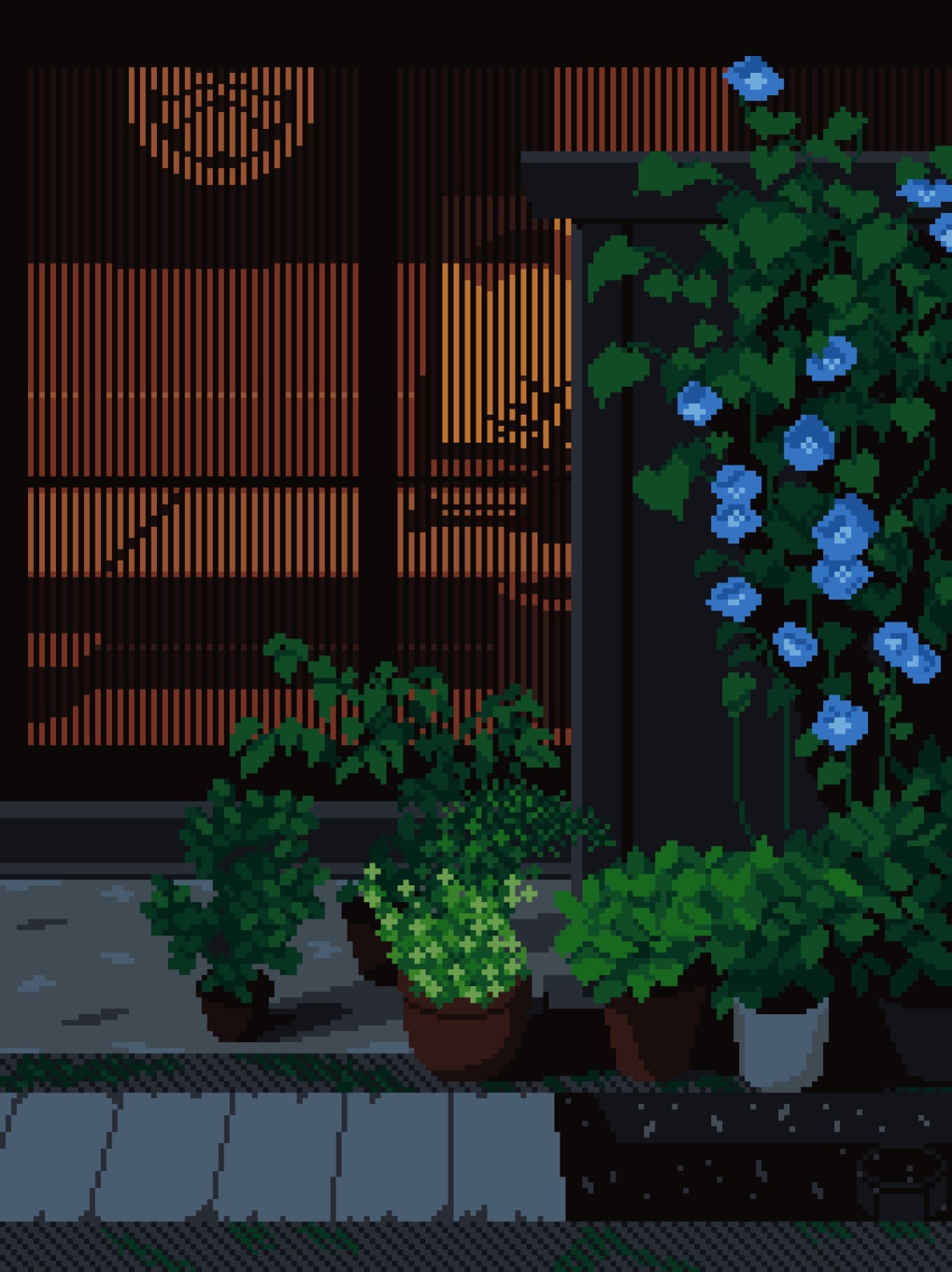 Japanese porch with morning glory. I've been wanting for a while to draw a scene behind a 1-pixel grille and I'm happy of the final result :-)