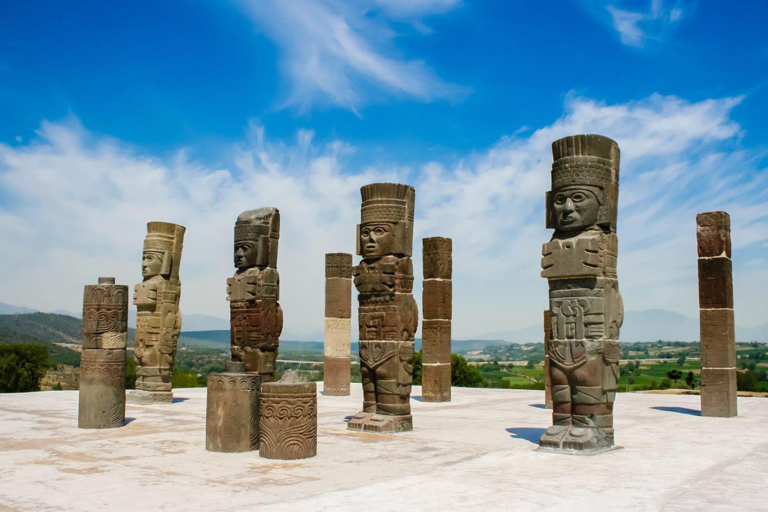 Pillars shaped like warriors on top the Pyramid of Quetzalcoatl at Tula, 4.6m high. Mexico, Toltec civilization, 10th-11th century CE