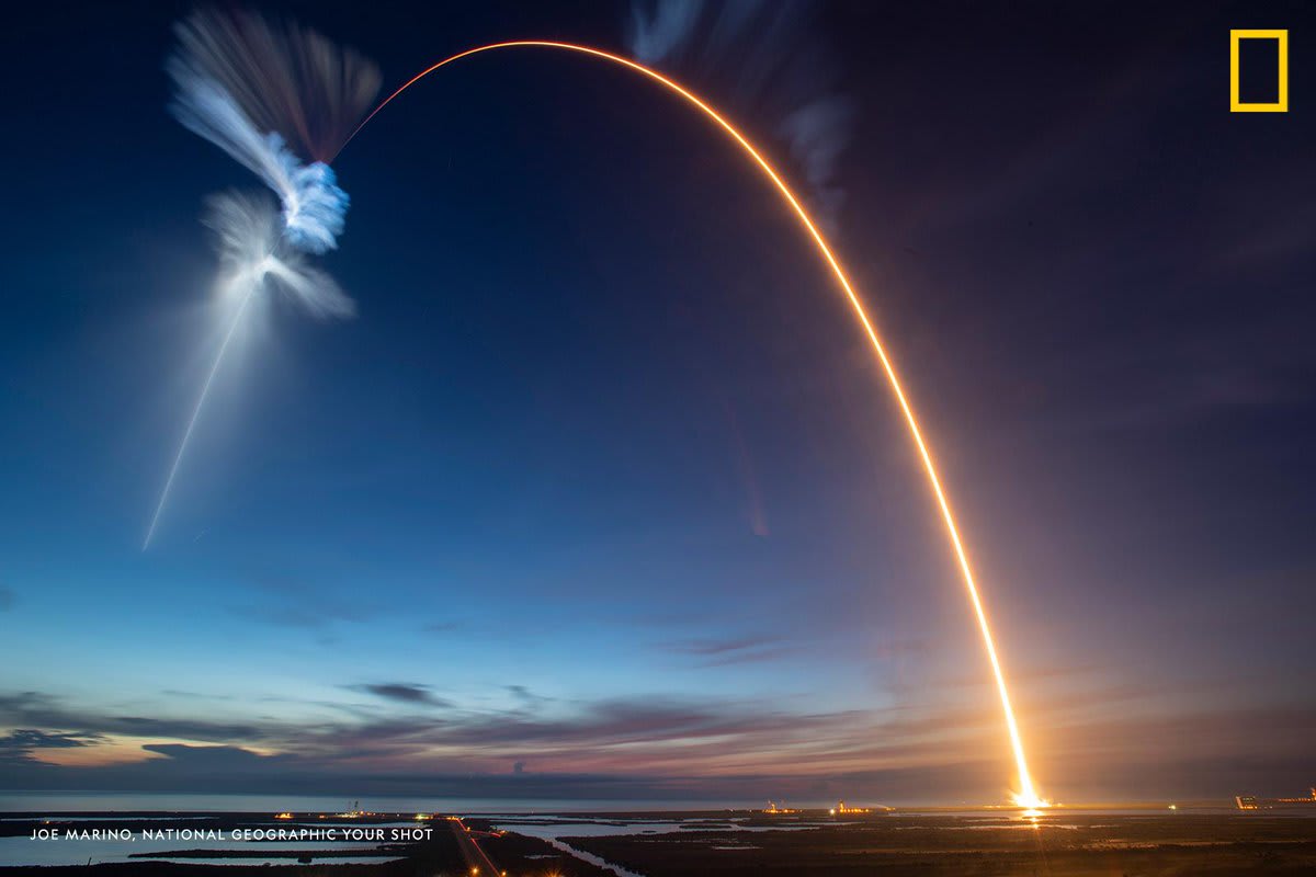 YourShotPhotographer Joe Marino made this long exposure of a SpaceX Falcon 9 booster launching the SpaceX CRS-15 Dragon spacecraft from the Kennedy Space Center in Florida, USA.