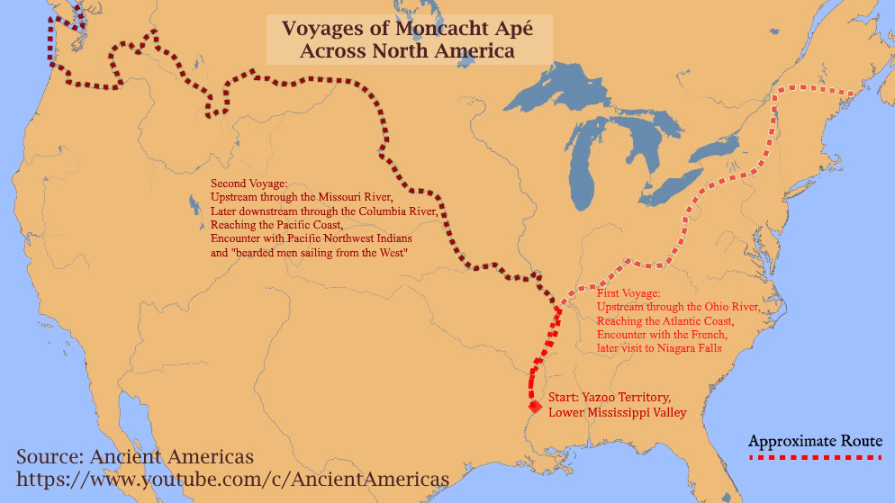 Estimated Route of the Voyages of Moncacht Apé Across North America; a Native American explorer of the Yazoo tribe, and the first person in recorded history to venture across North America from the Atlantic coast to the Pacific - from Ancient Americas on Youtube.