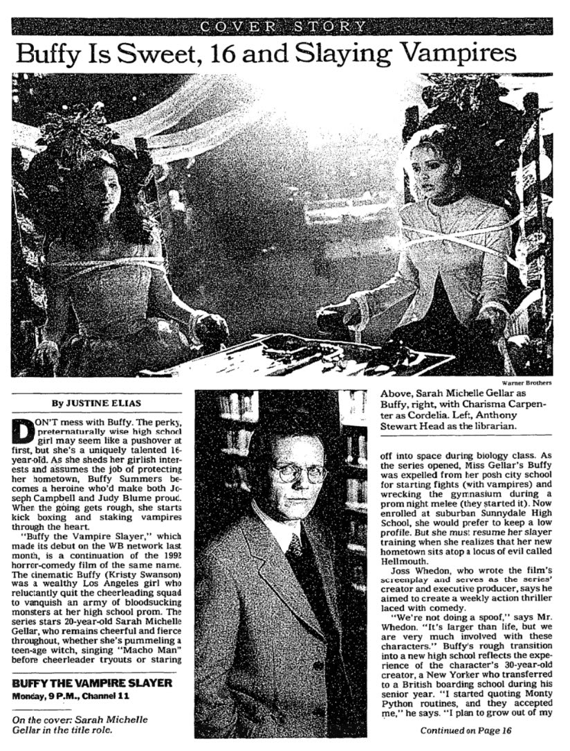 "Buffy the Vampire Slayer" premiered on the WB network on this day in 1997. A month after, The Times said Buffy Summers was a "heroine who'd make both Joseph Campbell and Judy Blume proud."
