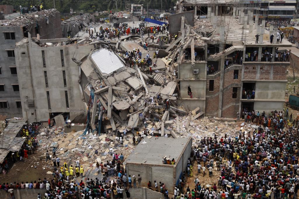 OtD 24 Apr 2013, the 8-storey Rana Plaza building in Bangladesh collapsed, killing over 1,000 garment workers, as bosses in the country's largest industry put profits before people
