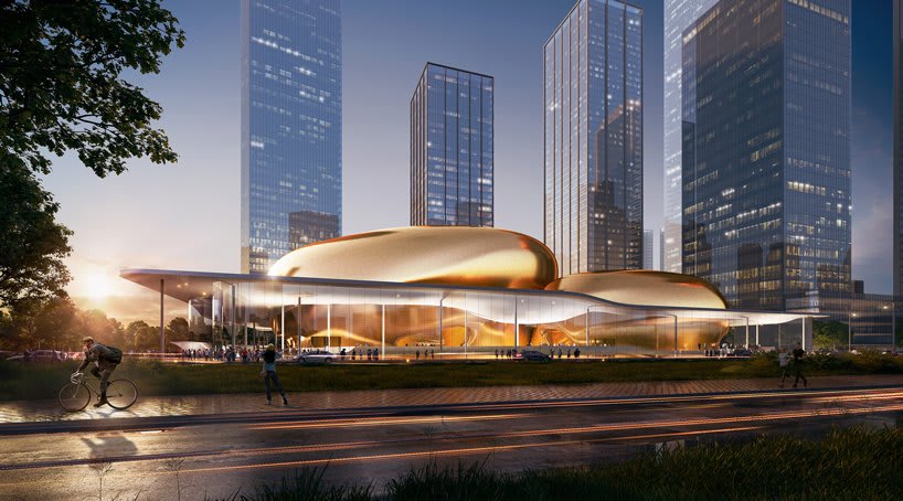 in shenzhen, these two golden volumes will nestle together and house a theater and a concert hall.