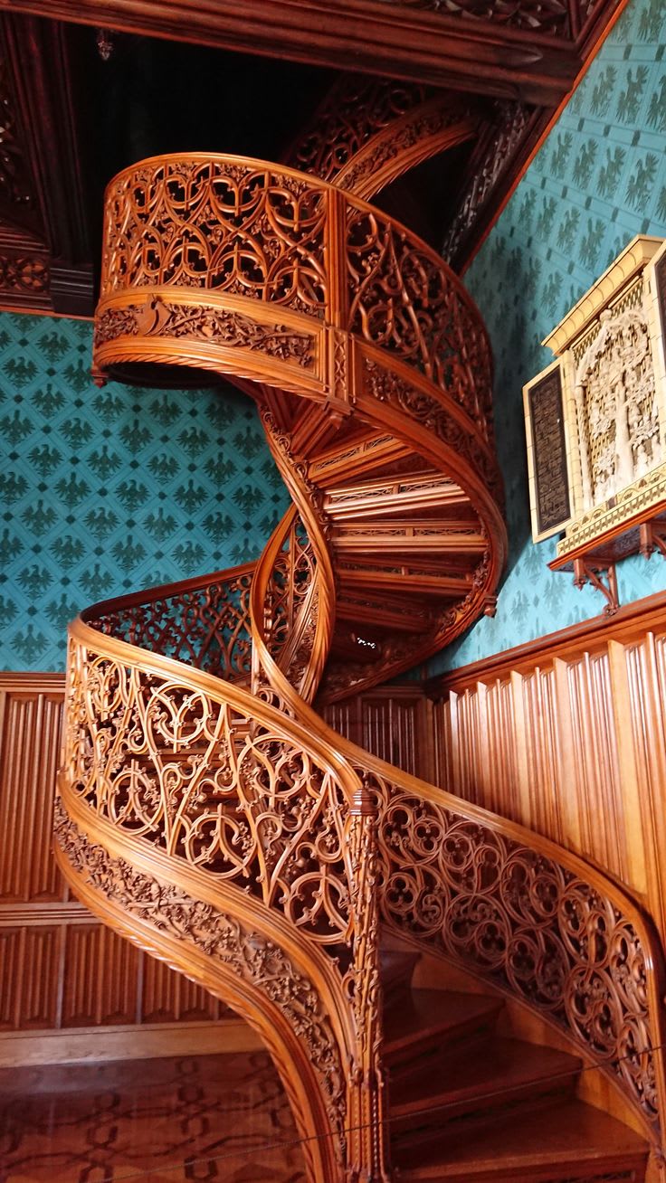 A spiral staircase carved from one a tree from 1851 a library at Lednice castle Czech republic