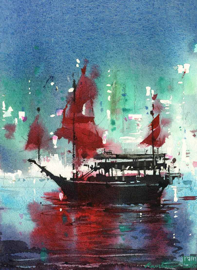 Sailing in city lights, Rainb.w, Watercolor, 2021