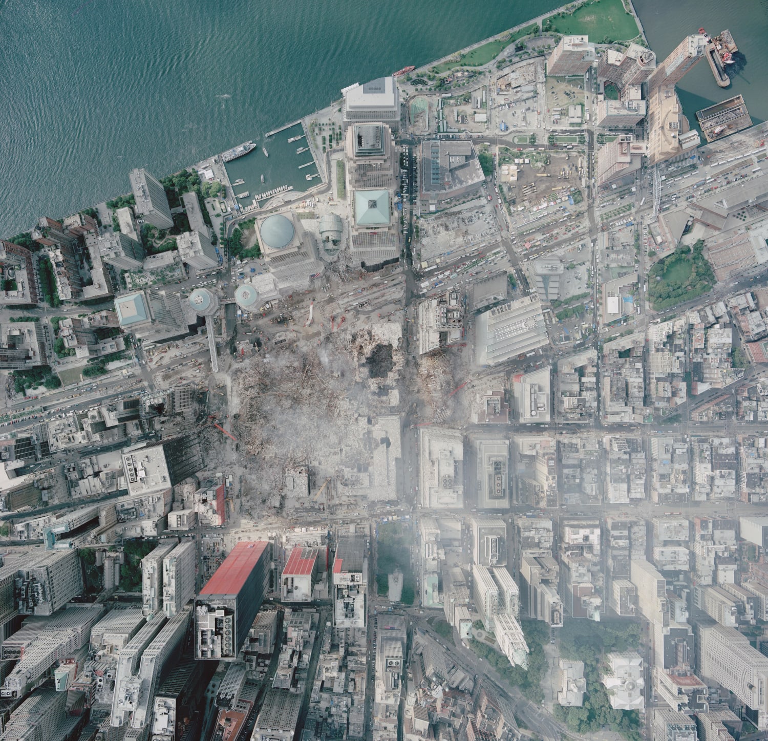 Remains of the World Trade Center complex in downtown New York City, United States, after the September 11 attacks. Image taken by NOAA's Cessna Citation Jet on September 23, 2001.
