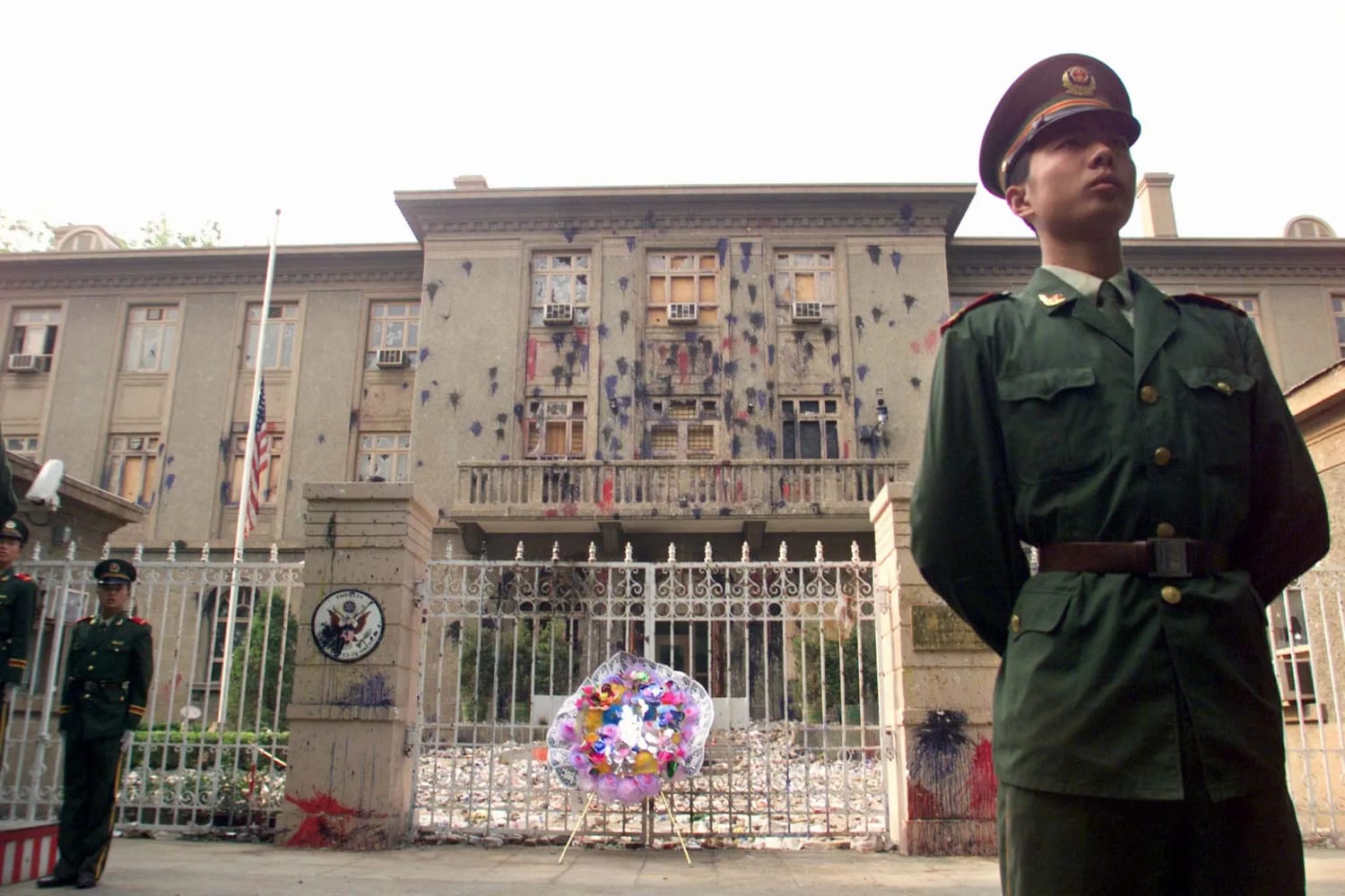 The U.S. Embassy in Beijing after a U.S. bomber accidentally bombed the Chinese embassy in Belgrade, Yugoslavia on May 7th, 1999