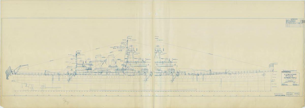 Proposed profile drawing for the Battleships USS North Carolina & USS Washington (shown). Dated 5/4/1937