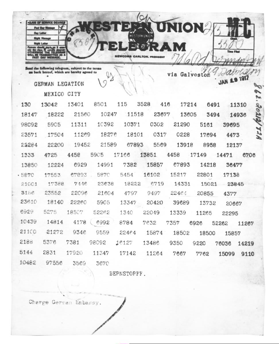 Z is for Zimmerman telegram German Foreign Minister Zimmermann sent this message to the President of Mexico on January 16, 1917, offering US territory in return for joining the German cause. Telegram, decode worksheet, and translation: