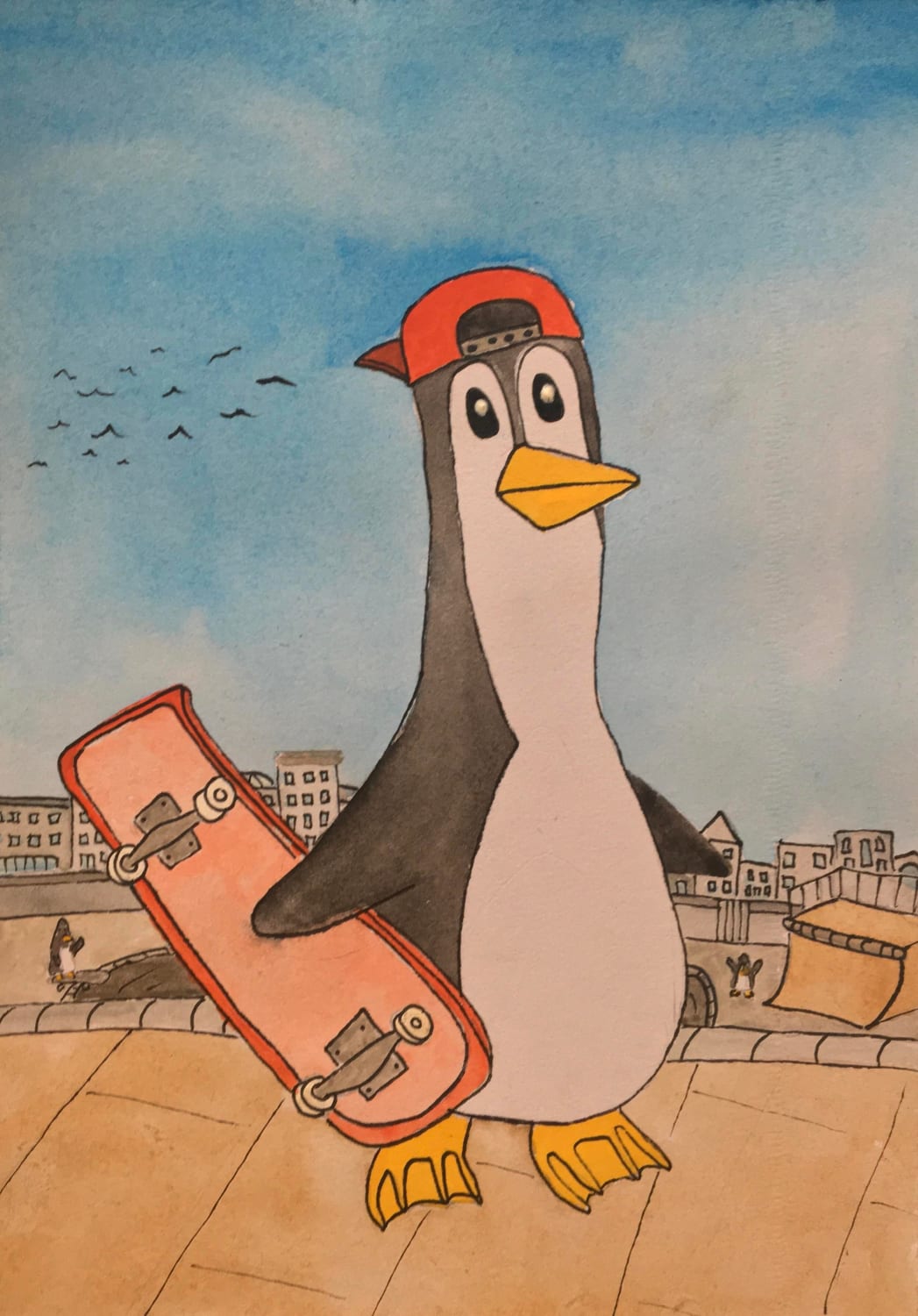 Skater penguin on A5 painting I did today :)