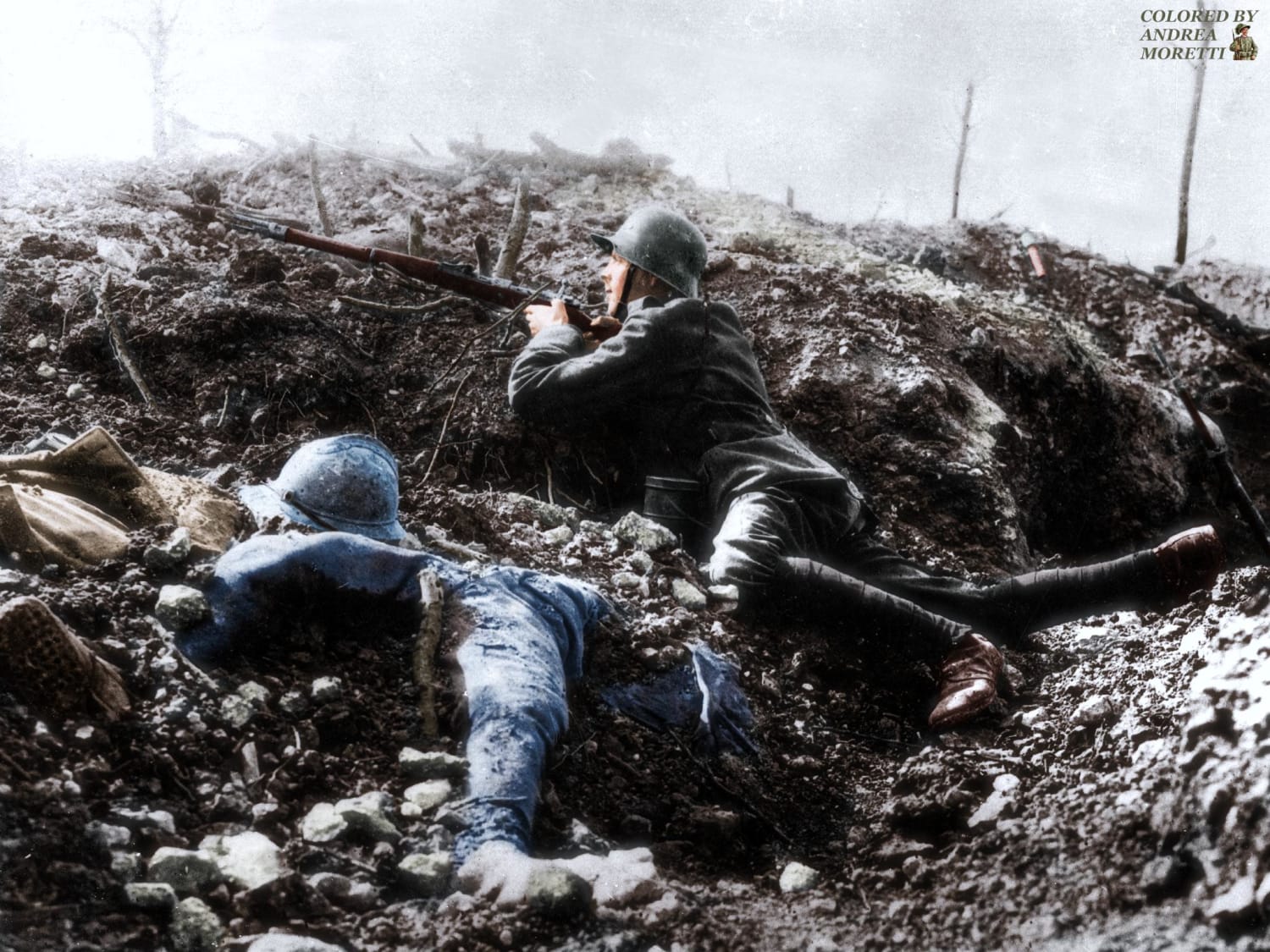 German rifleman beside the corpse of a French soldier in a trench at Fort Vaux (colored by me), France, 1916