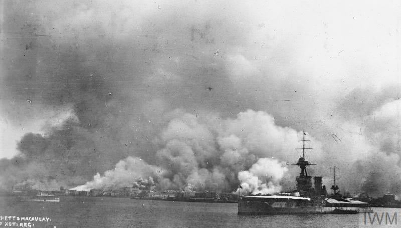 The British government threatens Turkey with war as Turkish forces approach the neutral zone at Çanakkale. Britain also appeals to the British Dominions help. Royal Navy ships are already evacuating civilians from Smyrna (Izmir), which has been burning for three days.