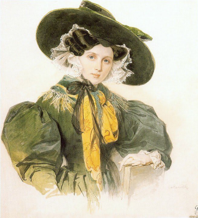 Watercolor portrait of Olga Fersen in all the volume of the Romantic Era. By Pyotr Fyodorovich Sokolov, 1829.