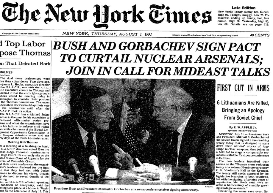 President Bush and President Gorbachev signed the Strategic Arms Reduction Treaty in Moscow, today in 1991. The Soviet president declared the arms race between Russia and the U.S. over.