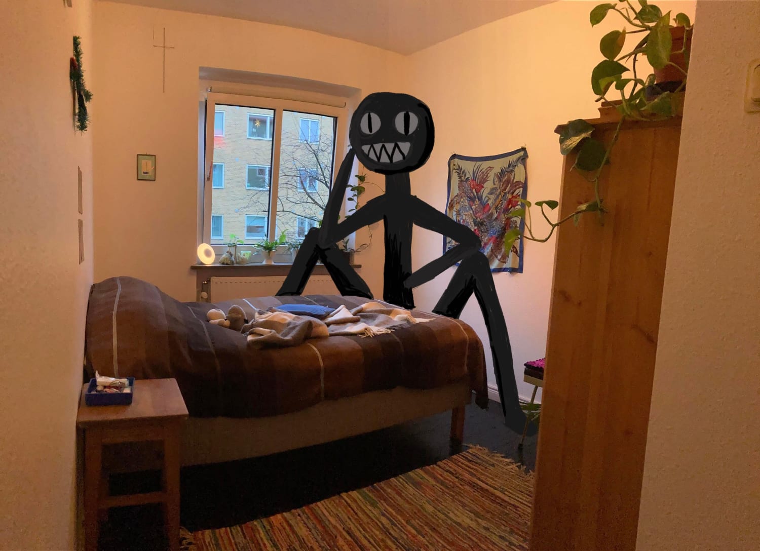 Should I make a giant papier-maché stick figure for my bedroom? (see sketch)