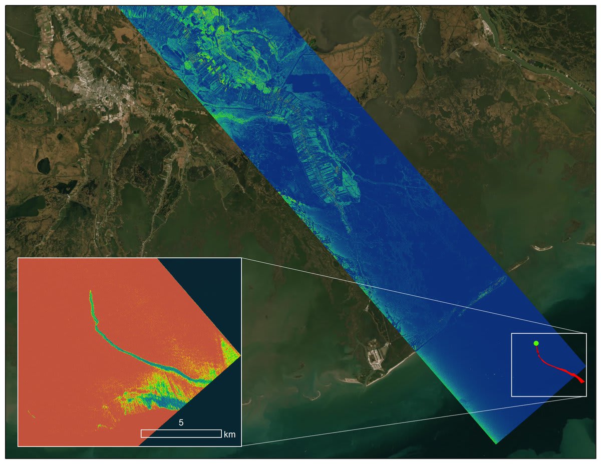 Delta-X researchers flying a radar instrument over Louisiana’s coastal wetlands helped monitor oil slicks in the Gulf of Mexico after Hurricane Ida barreled through. Measurements by @NASA’s UAVSAR showed a distinct signal from oil on the water’s surface: