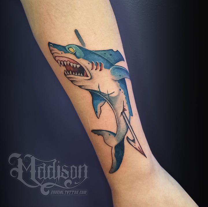 Shark cover up by Madison Brewington at Crucial Tattoo in Salisbury MD