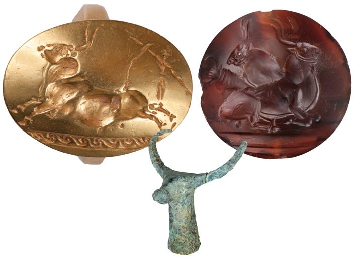 Artifacts from the Griffin Warrior’s grave at Pylos feature bull imagery that is typical of Minoan culture on the island of Crete, one of many symbols the mainland Mycenaeans imported into their own art.