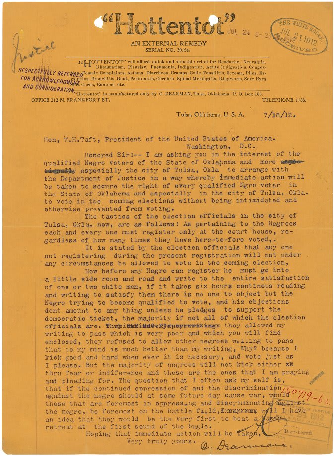 “Now before any Negro can register [to vote] he must go into a little side room and read and write to the entire satisfaction of one or two white men . . . “ Letter from C. Dearborn to Pres. Taft, OTD, 1912