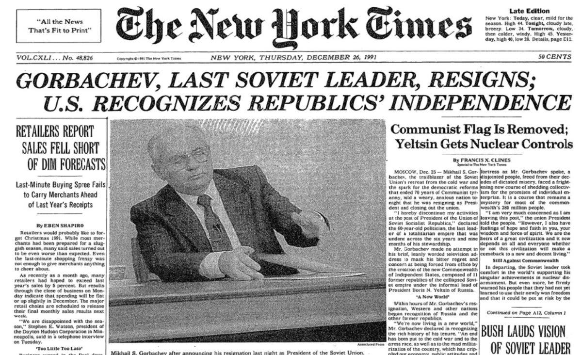 Today in 1991: Mikhail Gorbachev resigns as leader of the Soviet Union.