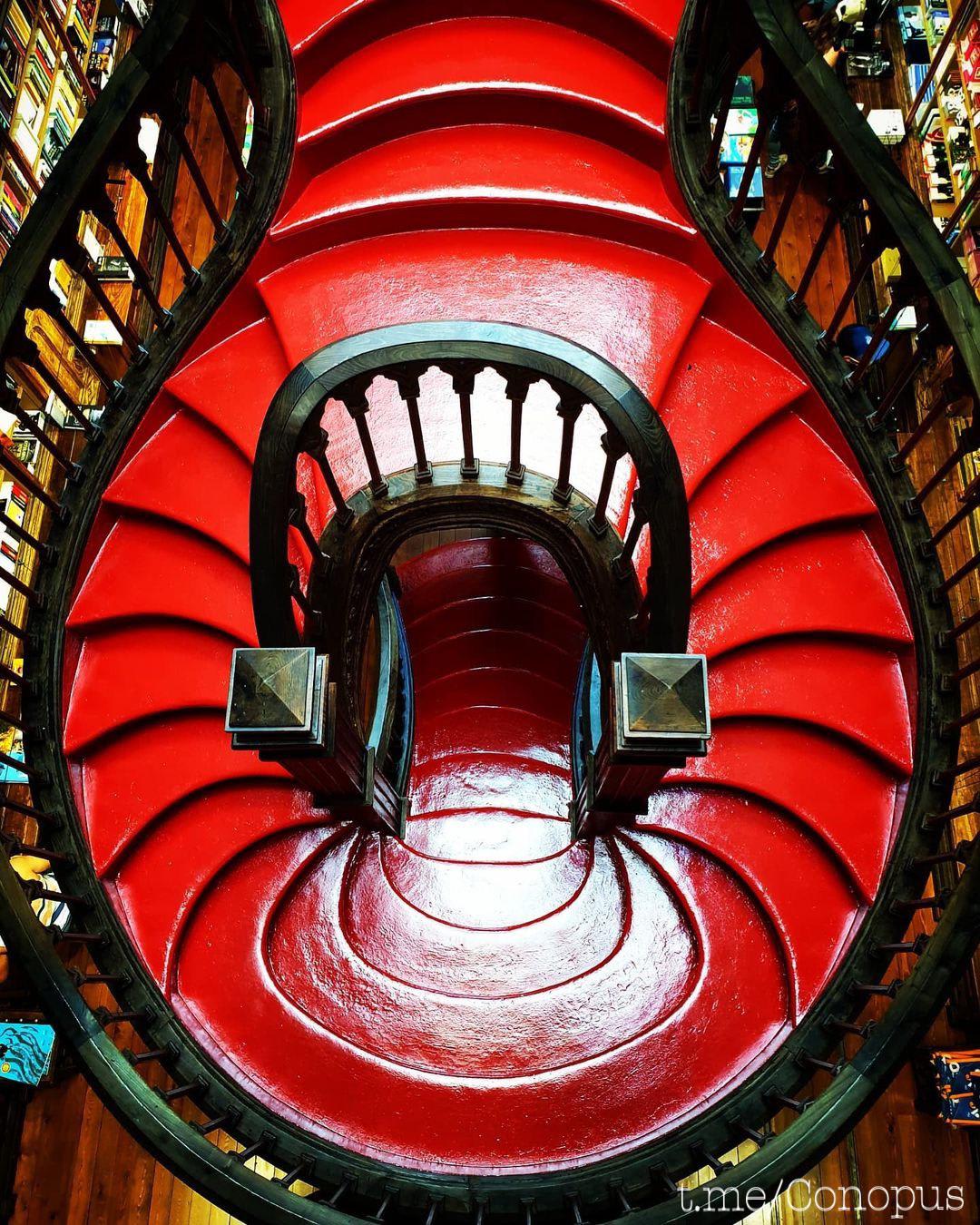 Stairs in Livraria Lello bookstore in Porto, Portugal