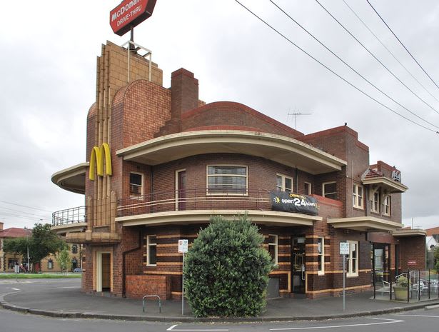 This McDonalds in Melbourne Australia that sits in this streamline art Moderne Hotel from the 30's